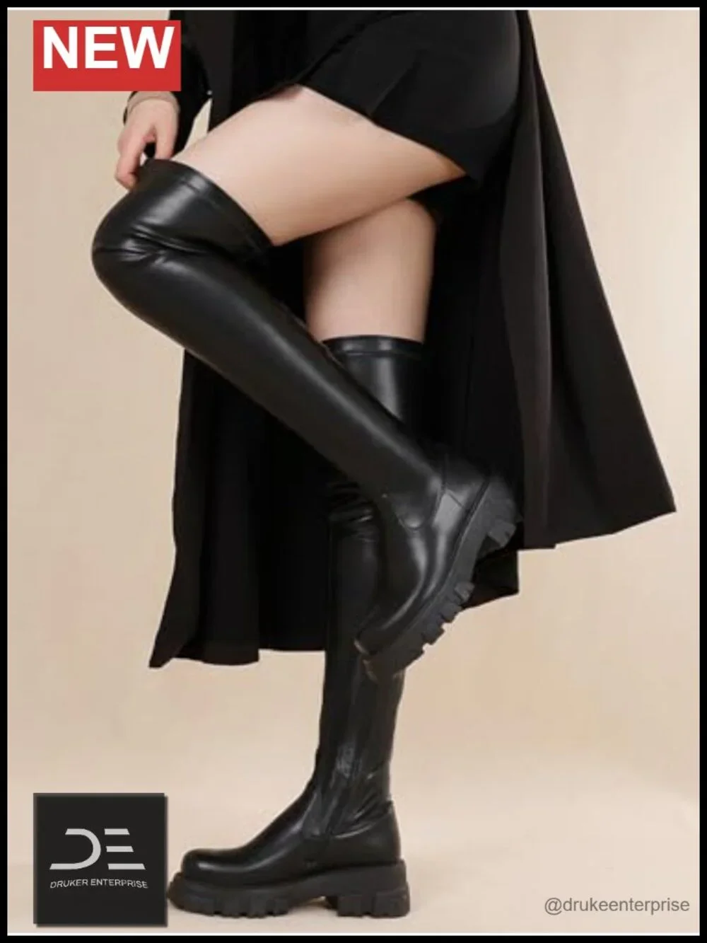 PU Leather Thigh High Boots Women Over Knee Block Heel Side Zip Stretch